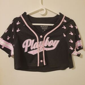 PLAYBOY Black and Pink Jersey Crop Top
